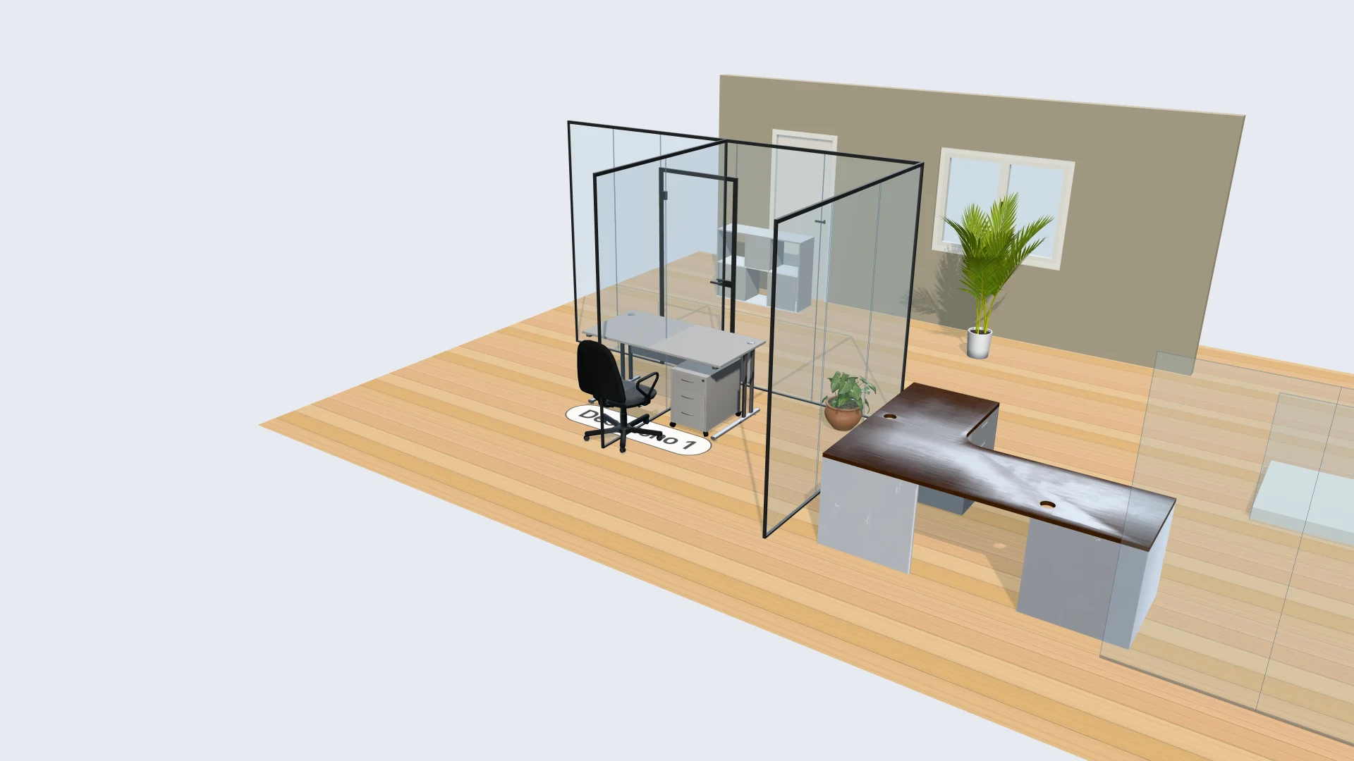 Render 3D de un despacho con divisorias de vidrio y perfil negro, mesa, silla, plantas y recepción sobre suelo de roble