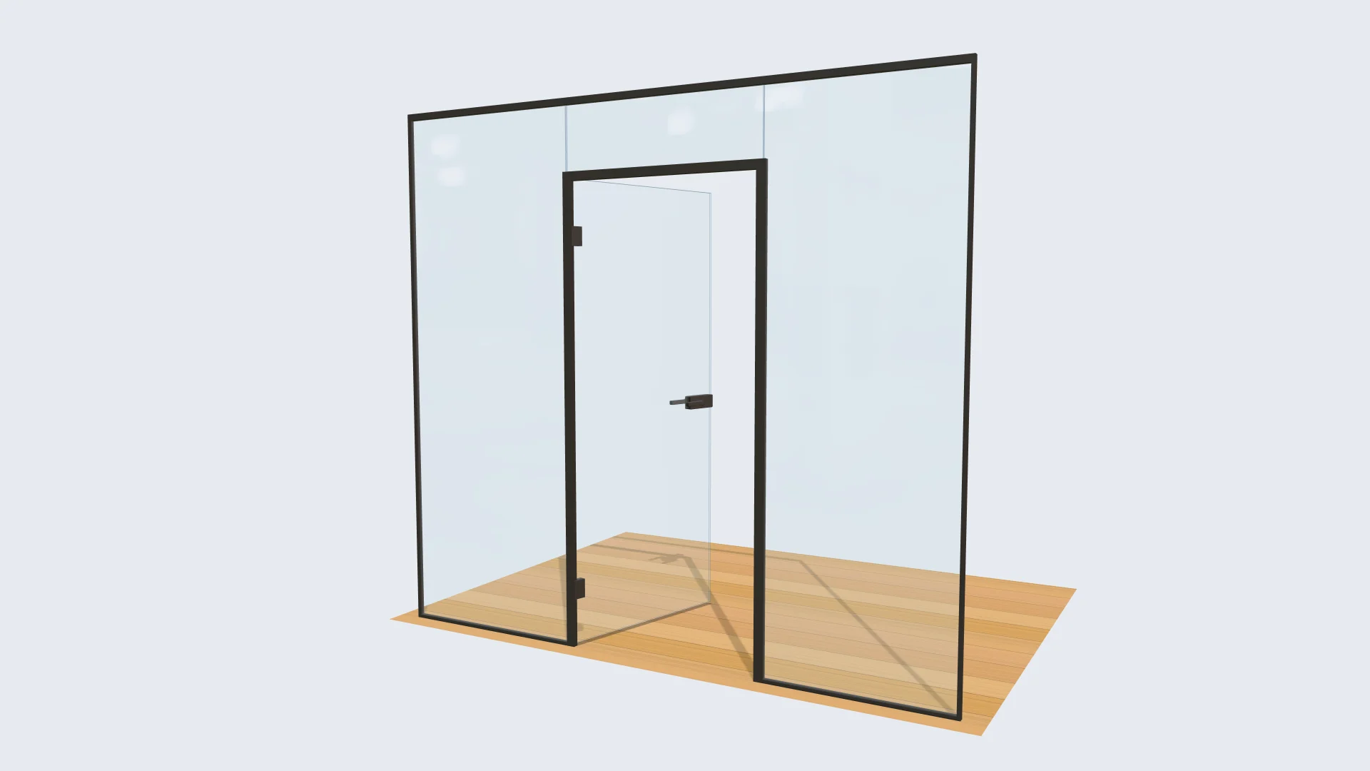 Render 3D de una divisoria de oficina estilo Frame con perfil negro y la puerta abierta hacia dentro