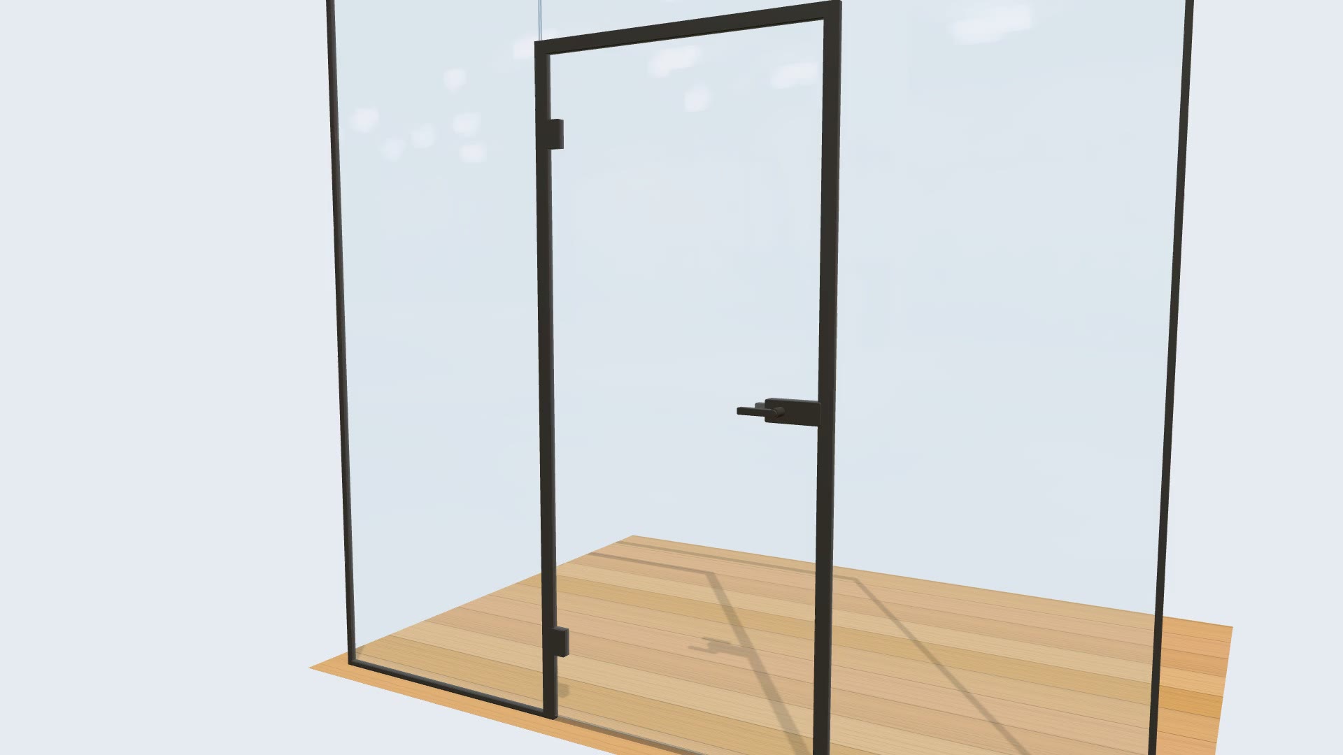 Primer plano en 3D de una puerta de oficina con perfil negro: la maneta baja y la puerta se abre
