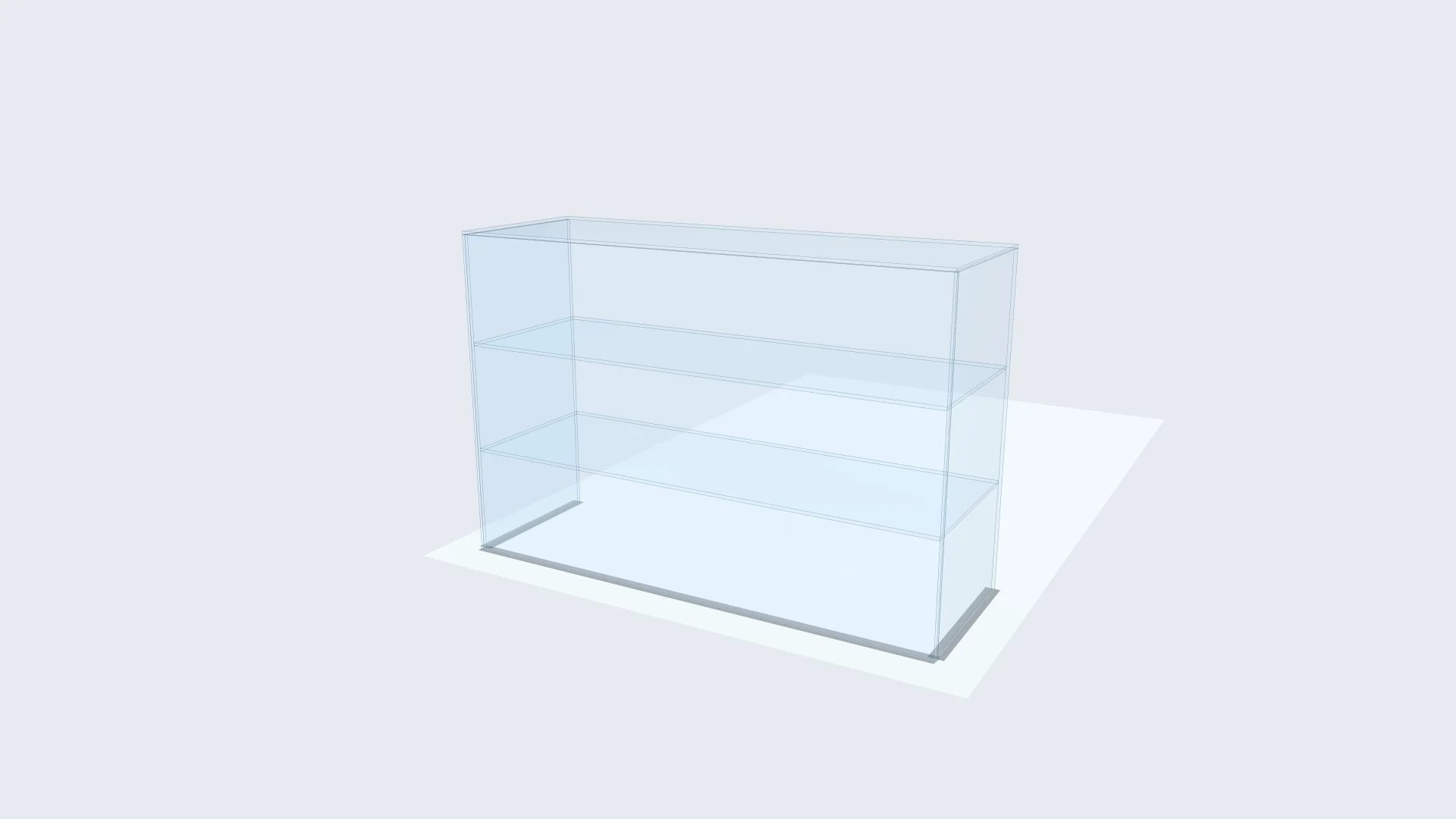 Render 3D de una vitrina de vidrio pegada con UV con dos estantes
