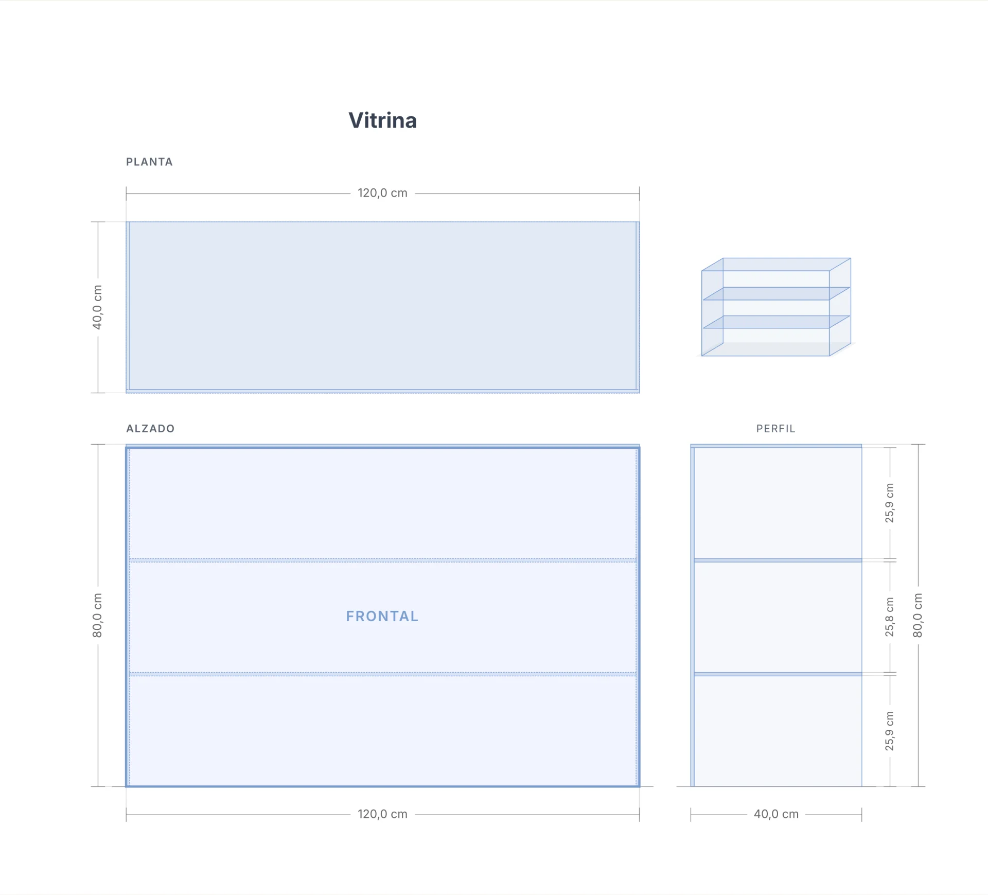 Plano de una vitrina en cuatro vistas (planta, alzado, perfil y perspectiva) con sus cotas