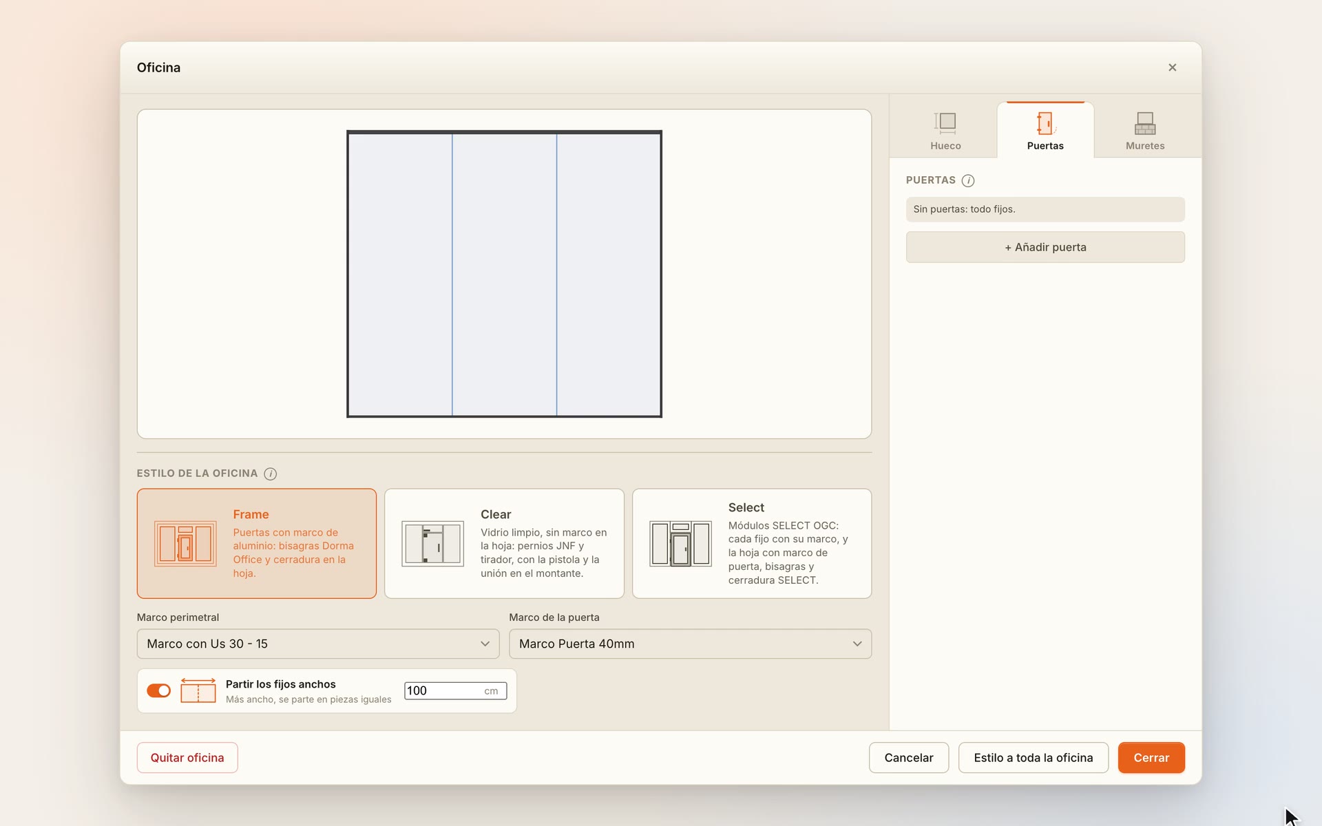 Configurador de oficina: se añade una puerta y se cambia entre los estilos Clear, Select y Frame y a puerta de dos hojas